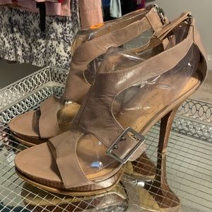 Gorgeous Nine West dark taupe wood platform sandal pumps size 9.5